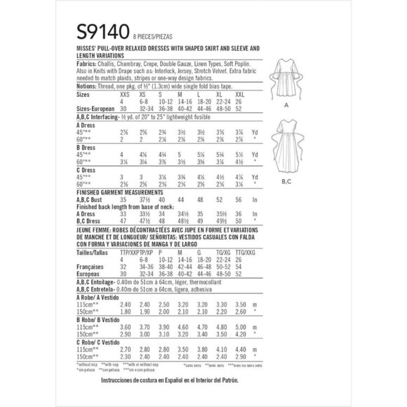 Simplicity S9140 Sewing Pattern Misses Pullover Relaxed Dresses Sizes XXS-XXL - Picture 2 of 6